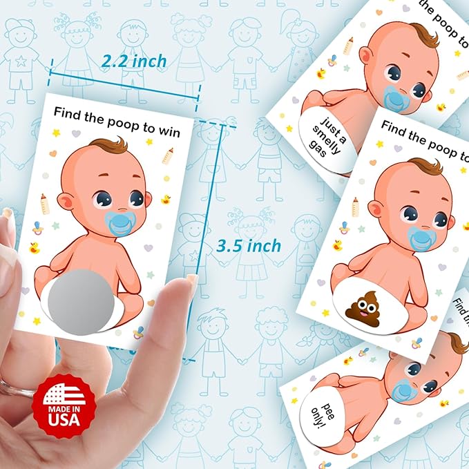 RokAPary Baby Shower Boy Scratch Off Poop Game, Easy to Play Silly Games, Funny Idea, Ice Breaker Activity. Raffle Cards, Blue Pacifier, Set of 40 Cards Made in USA
