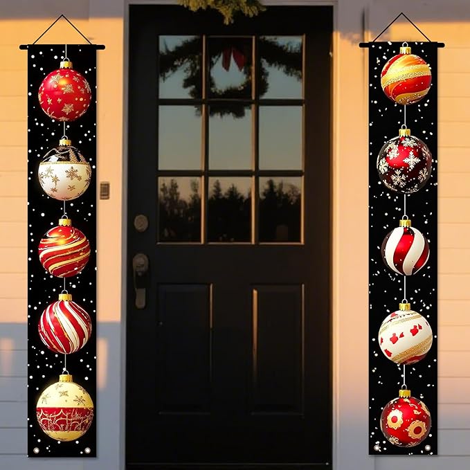 Nuxovilar Christmas Decorations Outdoor Yard Front Porch Sign Set, Black Background Christmas Ball Door Banners, Hanging Decor for Home Wall Yard