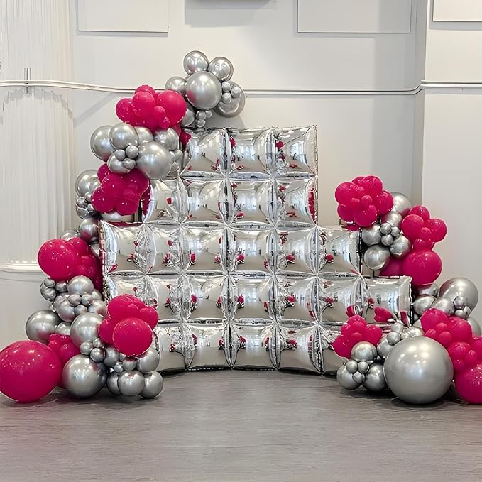 Silver Square Foil Balloons Wall, Double Sided Chrome Silver Balloons Tunnel Arch Kit Backdrop for Birthday Graduation New Year Baby Shower Wedding Holiday Theme Party Decoration