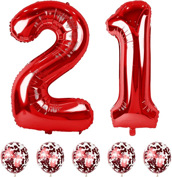 21st Birthday Balloons for Her Red, 40 Inch Giant Red Foil Number 21 Balloons with Red Confetti Balloons Kit, Digit 2 & 1 Helium Balloons for Boys Girls Women 12th 21st Anniversary Party Decorations
