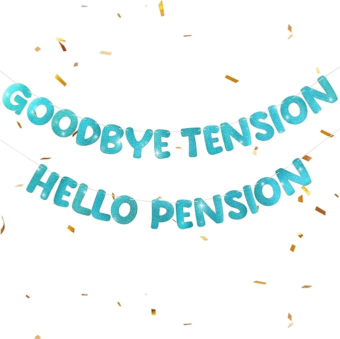 Retirement Banner Pre-Strung GOODBYE TENSION HELLO PENSION Banner Glitter Retirement Party Supplies Decorations for Women Men Office Home Decor (Turquoise)