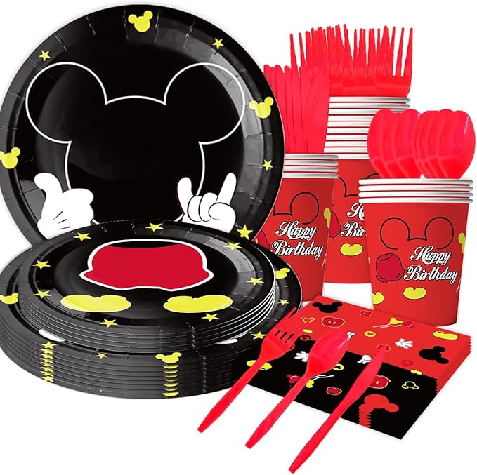91Pcs Red Mouse Party Supplies Tableware Set, Cartoon Theme Birthday Party Decorations Include Paper Plates, Napkins, Tablecloth, Straws, Cups, Knives, Spoons and Forks (Red)