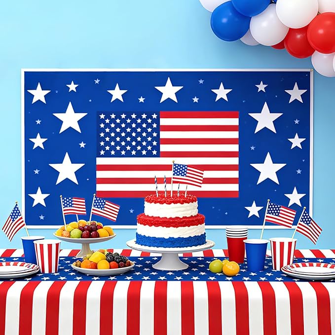 4th of July Tablecloth, Patriotic Plastic Tablecloths 54"x108", Fourth of July Table Decorations Red White and Blue American Table Covers 3 Pack, Patriotic Decorations Memorial Day Party Supplies