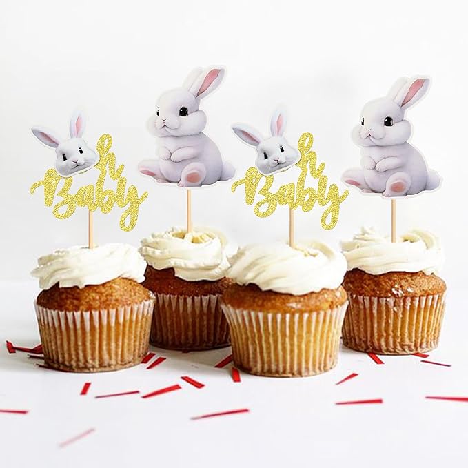 Ercadio 24pcs Cake Topper, Happy Easter Bunny Themed Cupcake Picks for Spring Birthday, Baby Shower Party Supplies