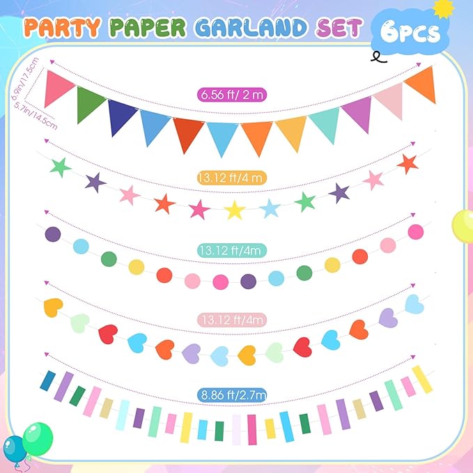 Tiamon 6 Pcs Rainbow Garland Banners Easter Tree Decoration Include Star Circle Dot Heart Rectangular Garland Colorful Pennant Banner Pre-Strung Hanging Banner for Birthday Classroom Party Decor