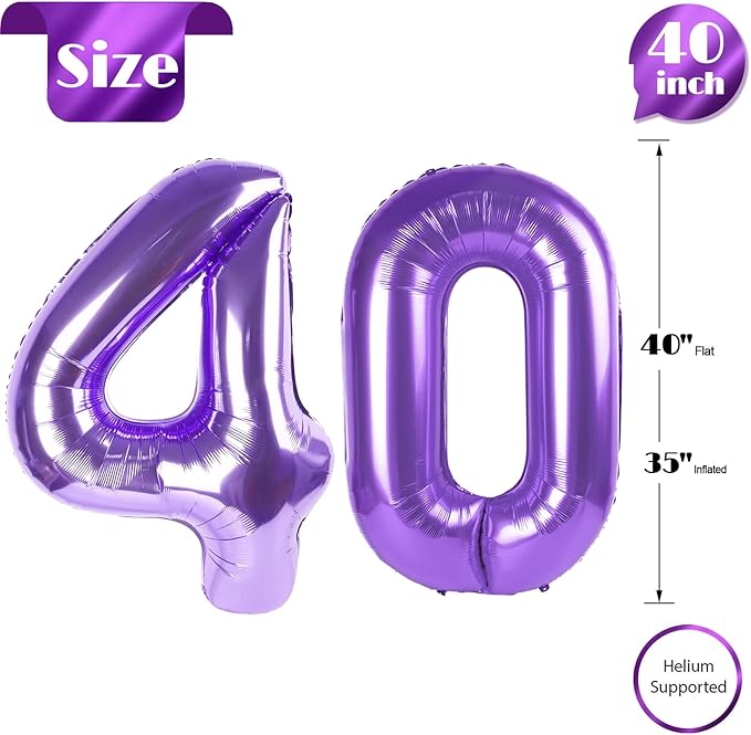 40 Balloon Number, Purple Number 40th Birthday Balloons 40 Inch, 40 Years Old Purple Birthday Decorations for Men Women, 40th Anniversary Decorations