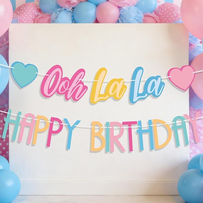 2PCS Ooh La La Birthday Banner, Colorful Fancy Pre-Strung Garland, Fancy Party Decorations for Birthday, Tea Party, Baby Shower Supplies