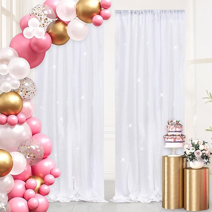 B-COOL White Backdrop Sequin Curtains 2 Pieces 2FTx8FT Backdrop Curtain Sparkly Photo Backdrop for Birthday Party Wedding Backdrop Drapes
