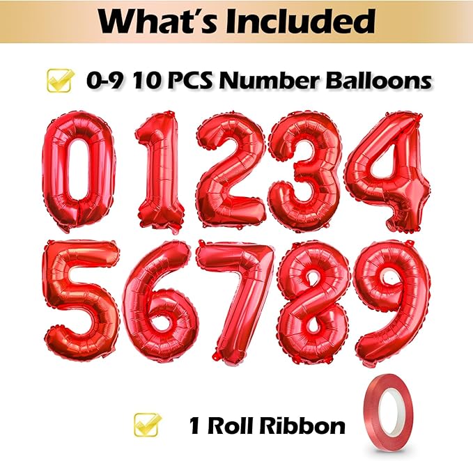 [10] 16" Number Red Foil Balloons 0-9 set, Mylar Aluminum Hanging Numbers for Valentine's day Romance Mother's day Wedding Graduation Birthday Party Decorations Christmas New Year eve (10 Pcs)