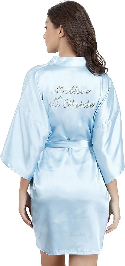 EPLAZA Women's One Size Silver Rhinestones Bride Bridesmaid Short Satin Robes for Wedding Party Getting Ready