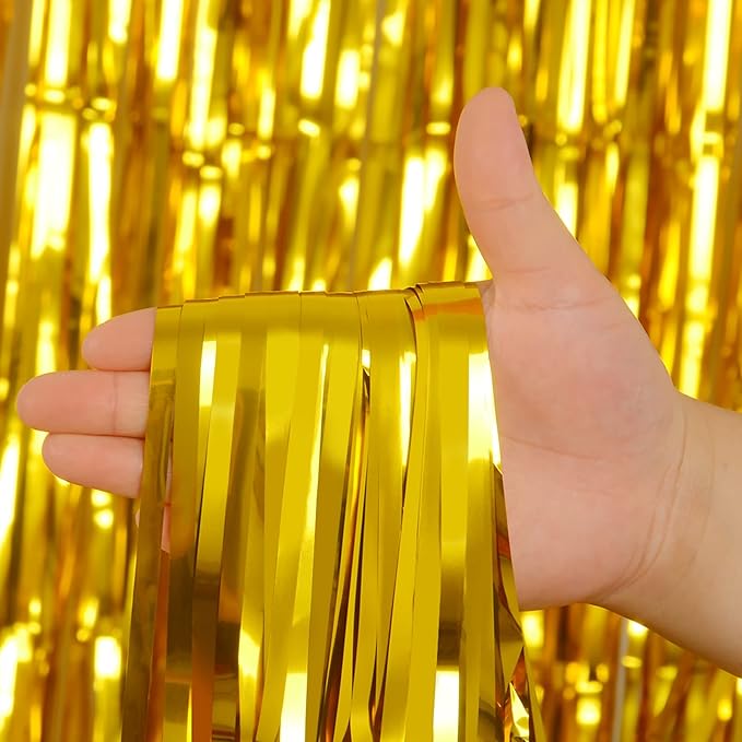 Gold Tinsel Backdrop Curtains, Melsan 3.2 x 8 ft Gold Foil Fringe Curtain Streamers for Birthday, Anniversary, Graduation & Photo Booth, Pack of 2