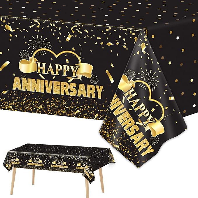 Tevxj 3 Pack Happy Anniversary Tablecloth Disposable Anniversary Party Decorations Black Gold Dot Confetti Table Covers Party Supplies for Rectangle Tables Favors for Guests 54 x 108 Inch