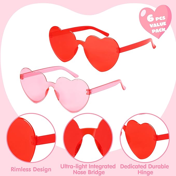 JOYIN 6 Pcs Valentine's Day Heart Shape Glasses, Rimless Sunglasses, Stylish and Safe Eyewear in Red and pink, Party Favor, Rainbow Sunglasses Candy Color Rimless Glasses for Women and Girl