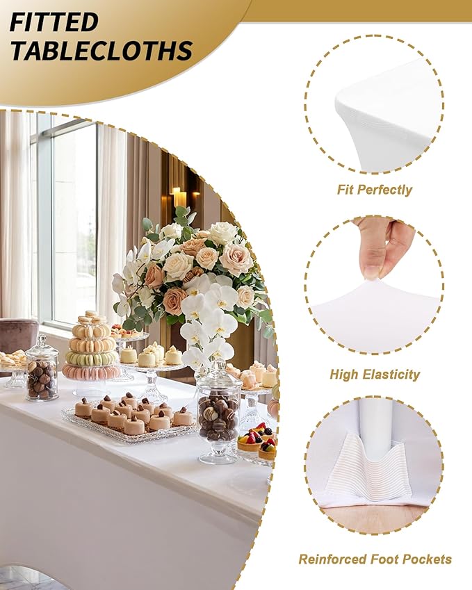 Fixwal White Table Cloth for 8FT Rectangle Tables, 6 Pack Rectangular Tablecloths Stretch Spandex Fitted Table Covers 8FT for Parties, Trade Shows, Banquet, Weddings, Buffet, Graduation Decorations
