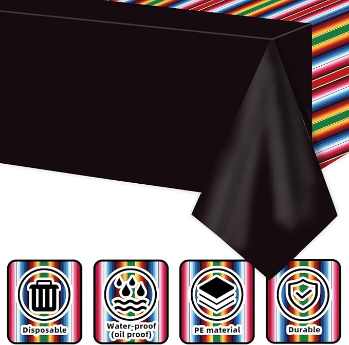 3 Pack Mexican Party Decorations Tablecloths - 108 x 54 Inch Black Fiesta Tablecloth with Serape Stripe for Cinco de Mayo, Taco Twosday Birthday & Outdoor BBQ