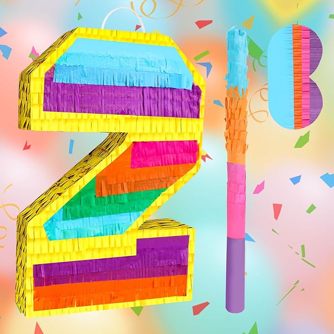 Rainbow Number 2 Pinata Birthday Decorations for Kids, Rainbow Pinata with Bat Stick Blindfold for Boys Girls 2th Birthday Celebrations Baby Shower Party Supplies (16.1x10.6x2.9 Inches)