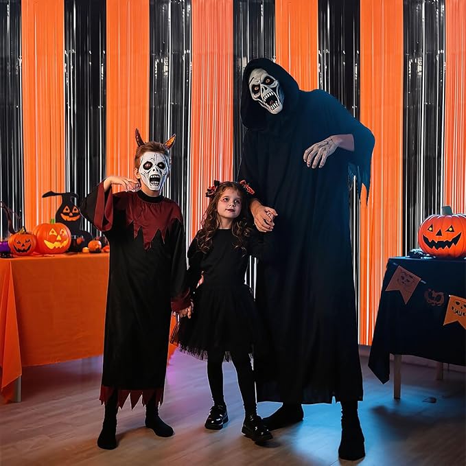 Halloween Party Decorations Indoor, Black and Orange Halloween Backdrop Foil Fringe Tinsel Curtains Streamer for Photography - 2 Packs, 3.28 x 6.56ft