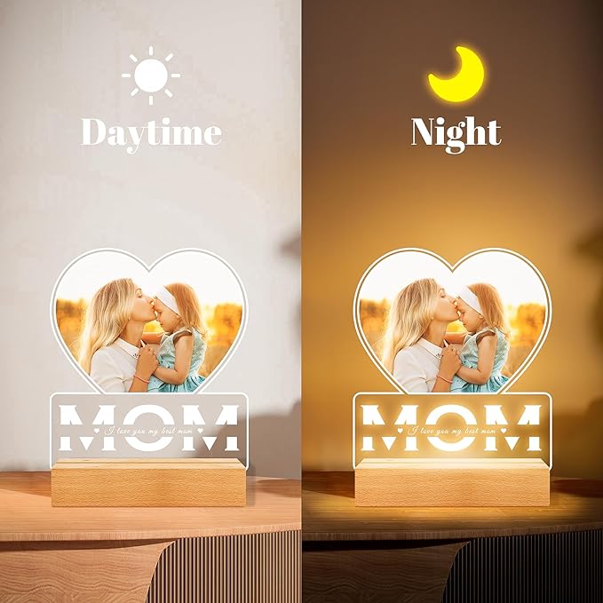 Personalized Mothers Day Gifts for Mom from Daughter and Son, Custom Picture Frames with Photos, Customized Photo Frame with Night Light, Personalized Birthday Gifts for Mom
