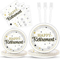 Qyeahkj 100PCS Retirement Party Supplies Happy Retirements Paper Plates Napkins Tableware Set White and Gold Disposable Dinnerware Retired Theme Decoration Favors for Women Men, Serve 25 Guests