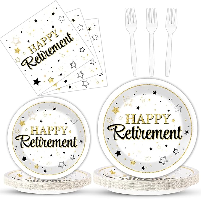 Qyeahkj 100PCS Retirement Party Supplies Happy Retirements Paper Plates Napkins Tableware Set White and Gold Disposable Dinnerware Retired Theme Decoration Favors for Women Men, Serve 25 Guests