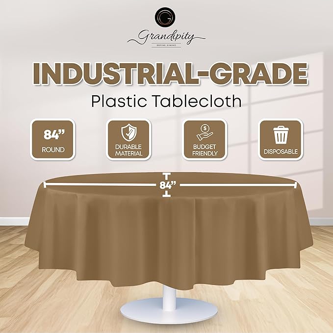 Grandipity 12 Pack Premium Disposable Plastic Tablecloth 84" Inch Decorative Round Table Cover - Gold