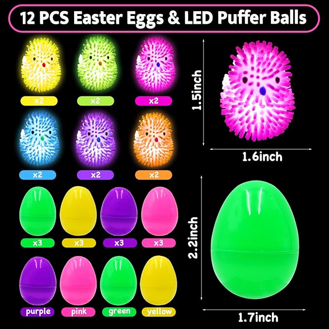 12 Pack Easter Egg Fillers Chick LED Puffer Balls ,LED Light up Toys Flashing Spiky Toys Bulk Glow in The Dark for Kids Boys Girls Classroom Prizes Easter Basket Stuffers Party Favors