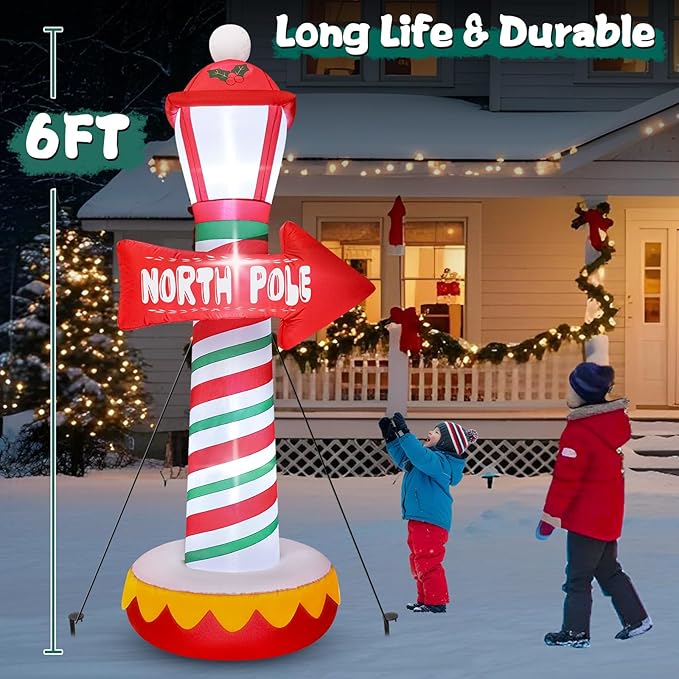 FunFanso 6 FT Christmas Inflatables North Pole Road Sign Outdoor Decoration, Blow Up Street Lamp with Built-in LED Lights, Santa Claus Arctic Road Sign for Holiday Display Lawn Garden Yard Xmas Decor