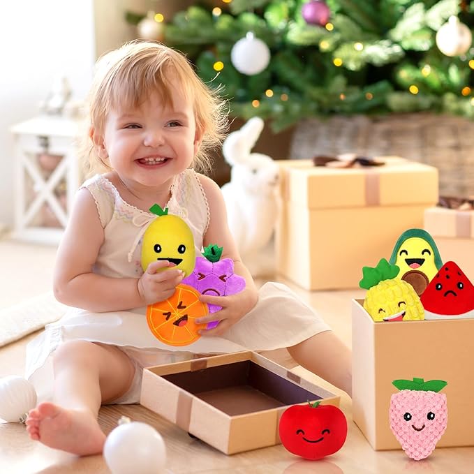 Sensory Toys for Kids, 8 Pack Mini Fruit Soft Stuffed Plush Toy for Girls or Boys as Party Decorations, Toddler Pretend Play Kitchen Food, Strawberry, Avocado, Pineapple and Orange