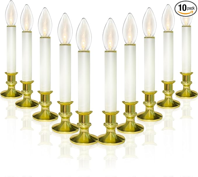 10 Pack Christmas Window Candles with 3V Ultra-Bright LED Warm White Bulbs, LED Battery Operated Window Candles, Gold Base, Flameless Candlestick for Indoor Christmas Window Table Mantel, Steady On
