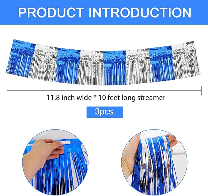 BEISHIDA 3 Packs Metallic Foil Fringe Garland Blue Silver Wall Hanging Tinsel Fringe Banners for Car Floats Bridal Shower Wedding Birthday Graduation Holiday Party Decoration(30 Feet)