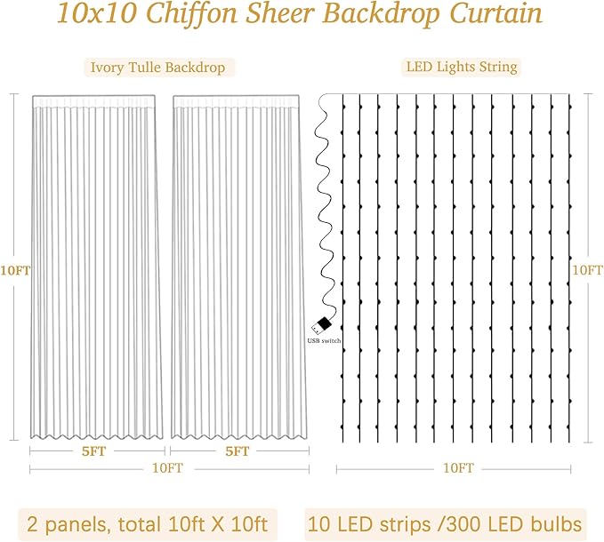 10x10ft Ivory White Chiffon Backdrop Curtain with Lights String for Wedding Sheer Tulle Curtain Photo Backdrops Drapes for Baby Shower Birthday Party Home Ceremony Decorations