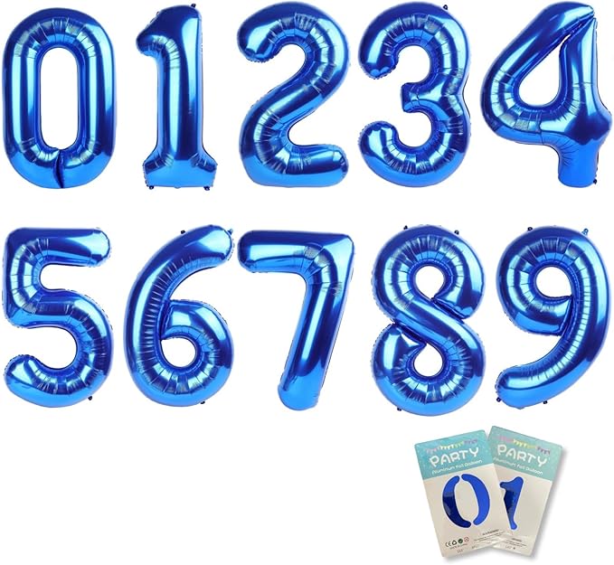 10PCS 40 Inch Large Foil Number Balloons 0-9 Set - Reusable Metallic Blue Birthday Wedding Decorations