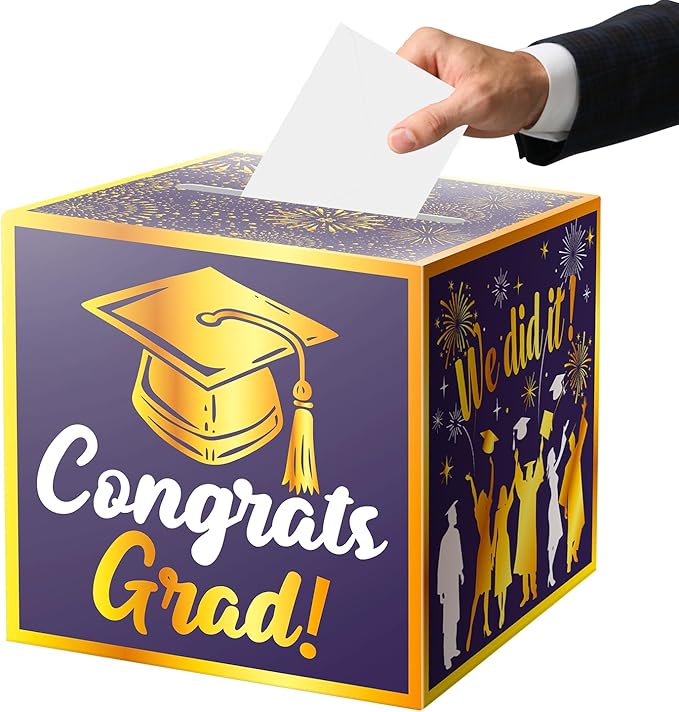 JWSCYSY Graduation Card Box Holder, Congrats Grad Foldable Cardboard Decorations Box for Graduation Party Favors Decor Party Supplies (Purple Gold)