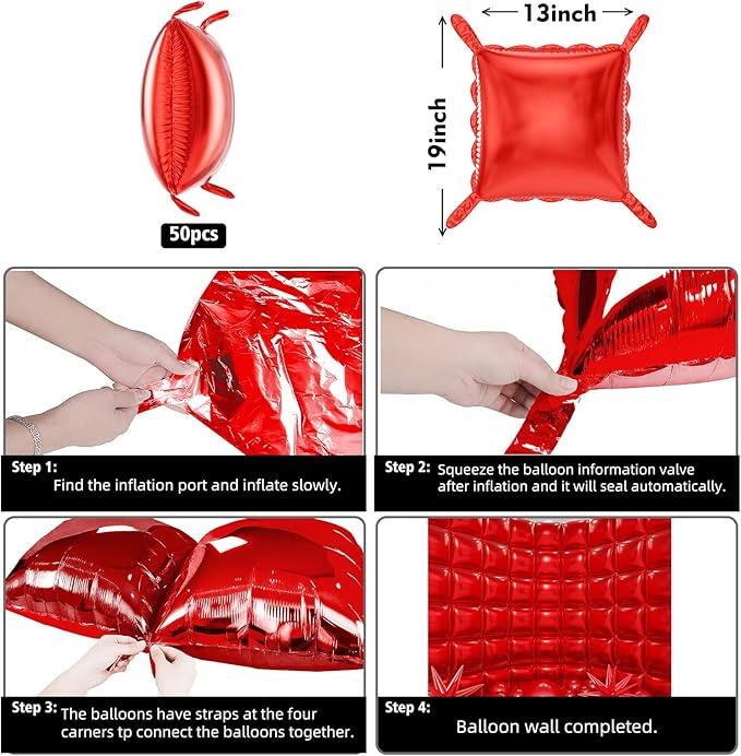 50pcs Red Square Foil Balloons Wall Backdrop with 79pcs Red Balloon Garland Arch Kit, Double Sided Balloon Tunnel for Birthday Anniversary Wedding Engagement Baby Shower Valentine's Decorations