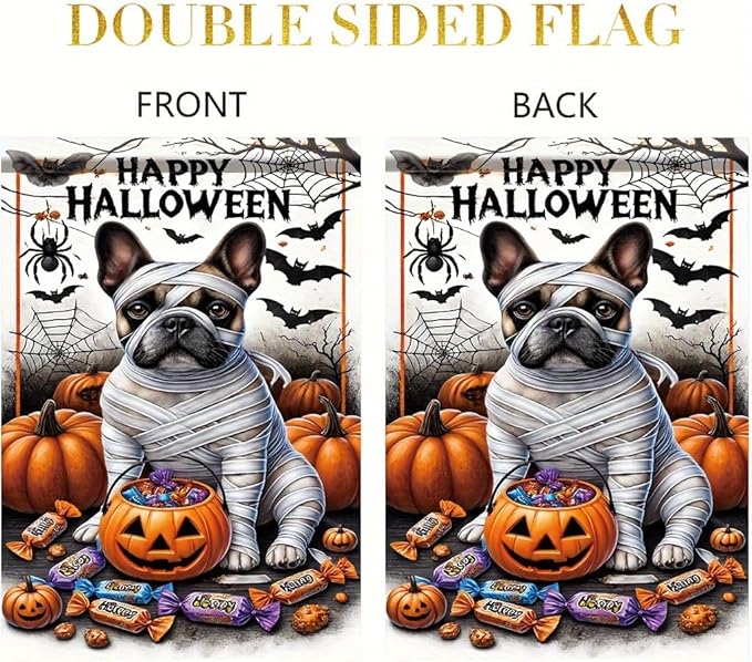 Halloween Garden Flag Mummy Dog Pumpkin Candy 12x18 inch Double Sided OutdoorYard Banner for Trick or Treat Haunted House Spooky Small Cute Holiday Decoration Decor