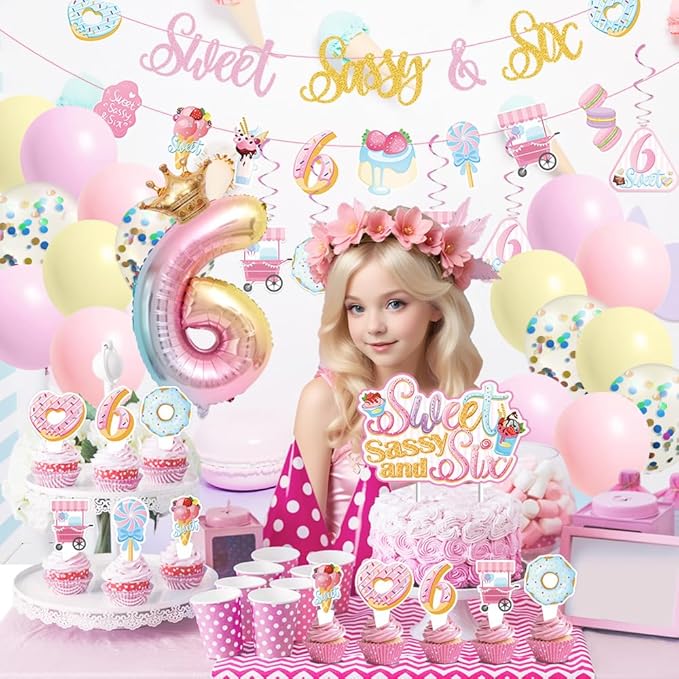 Sweet Sassy and Six Birthday Decorations for Girls - 6th Birthday With Donut Banner, Cake Topper, Foil Balloon for Ice Cream Party