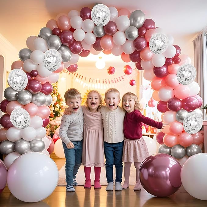 Pink Winter Wonderland Balloons, 60PCS Pearl White & Pink Double Stuffed Balloons, Metallic pink Silver and Snow Balloon for Princess Ice Wonderland Baby Shower Christmas Birthday Party Decorations