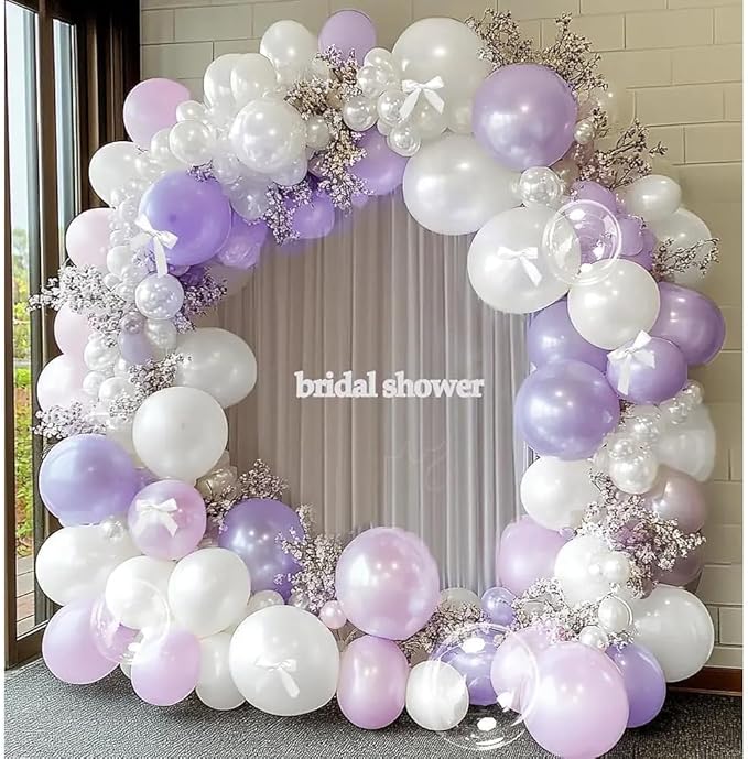 Purple White Balloon Garland Double Stuffed Pearl Pastel White Light Purple Lavender Lilac Balloons with Bow Clear Balloon Arch Kit for Wedding Bridal Baby Shower Birthday Butterfly Fairy Decor