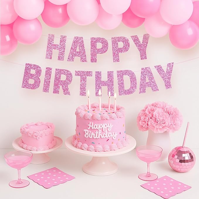 Pre-strung Happy Birthday Banner - No DIY - Pink Glitter Happy Birthday Party Banner for Girls & Women - Pre-strung on 8 ft Strands - Light Pink Bday Party Decorations & Decor. Did We Mention No DIY