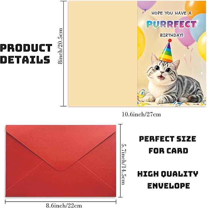 Happy Purrfect Birthday Card Funny Cat Bday Notecard Gift for Him Her Mom Wife Sister Coworkers Friends