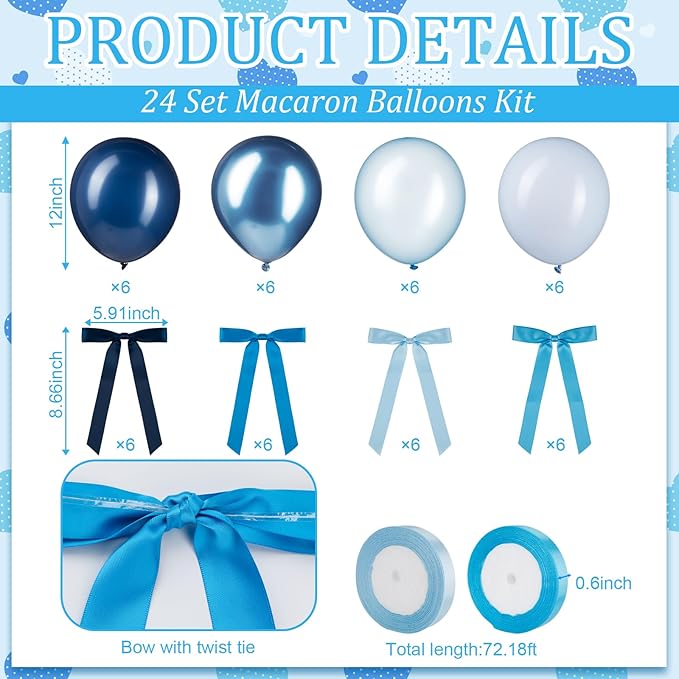 TaoBary 24 Set Pastel Blue Party Balloons, 12inch Gradient Blue Rainbow Latex Balloons and Gradient Ribbon Bows with Twist Tie for Baby Shower Birthday Party Bridal Shower Decor