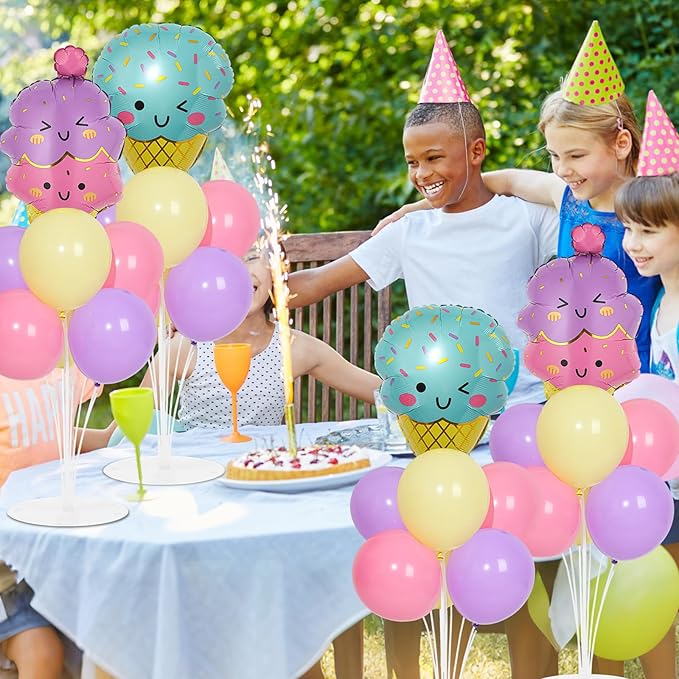 4 Sets Ice Cream Birthday Party Balloons Stand Kit with Ice Cream Foil Balloons Macaron Theme Party Ball Balloon Centerpiece for Tables for Summer Themed Birthday Baby Shower Decoration