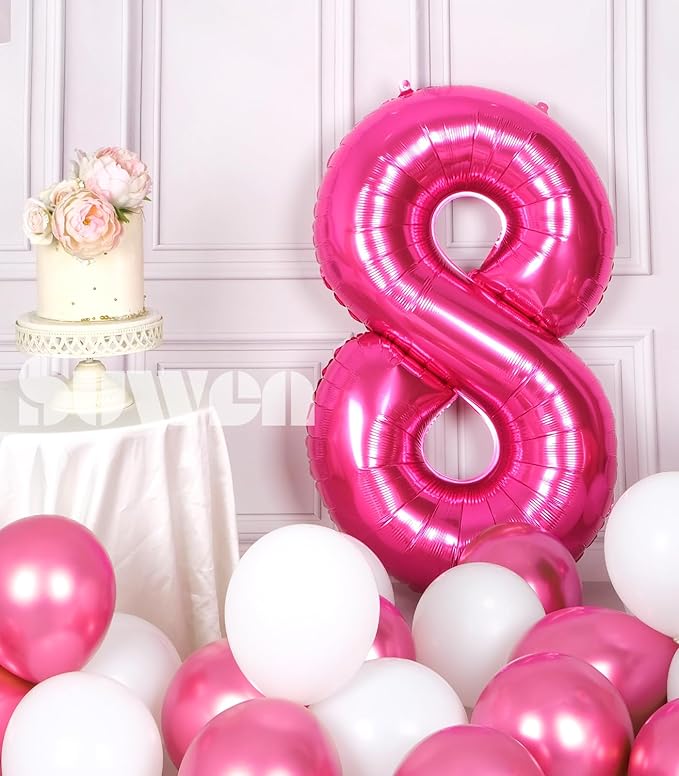 SUWEN 40 Inch Hot Pink Large 8 Number Balloons Big Foil Helium Number Balloons 0-9 Jumbo Happy 8th Mylar Birthday Party Decorations for Girl Anniversary Party Supplies