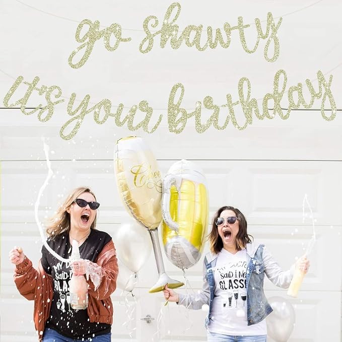BEISHIDA Light Gold Go Shawty It's Your Birthday Banner - NO DIY - Hip Hop Theme Glitter Happy Birthday Banner - Pre-Strung - Black Rap Theme Happy Birthday Sign for Man Women birthday Party Supply