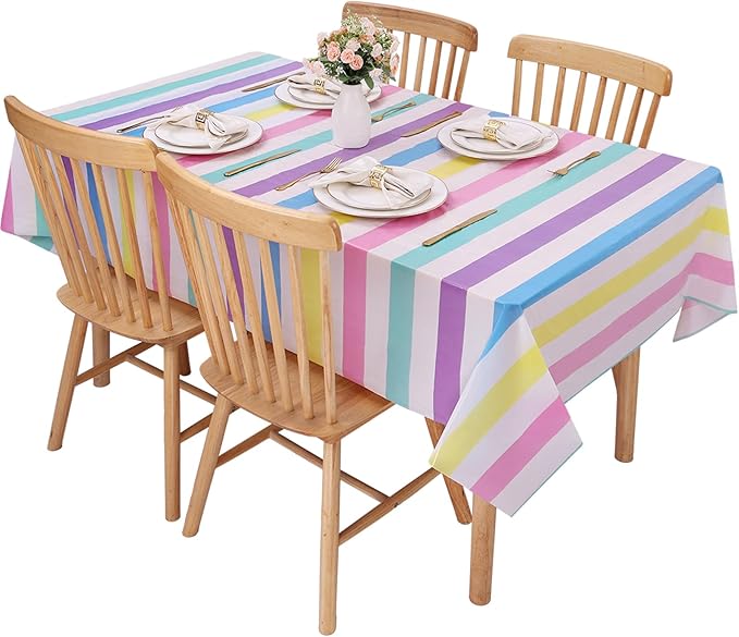 Kesfey 3 Packs Rainbow Striped Table Cloth 54 x 108 Inches Pastel Rainbow Party Table Covers Disposable Plastic Ice Cream Pastel Tablecloths Waterproof Rectangle Birthday Tablecover for Baby Shower