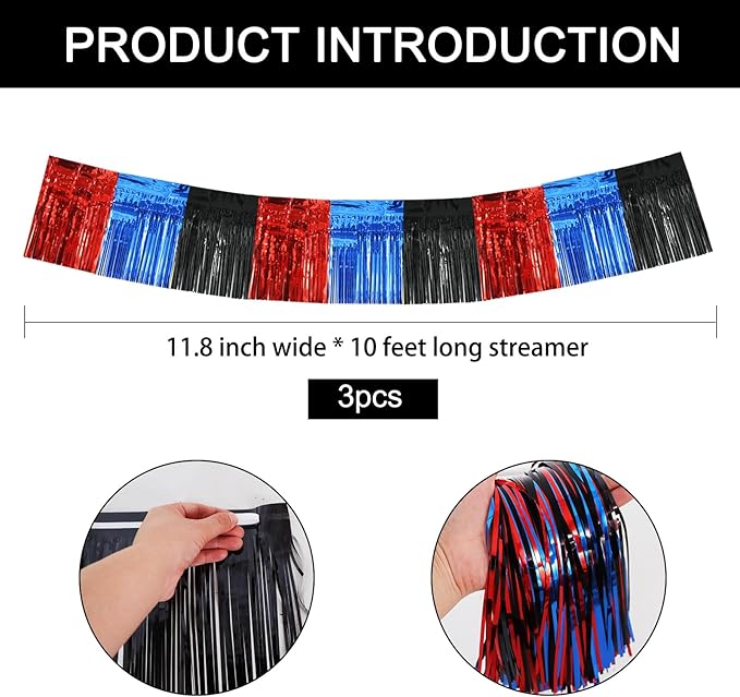 BEISHIDA 3 Packs Metallic Foil Fringe Garland Red Blue Black Wall Hanging Tinsel Fringe Banners for Car Floats Bridal Shower Wedding Birthday Graduation Holiday Party Decoration(30 Feet)