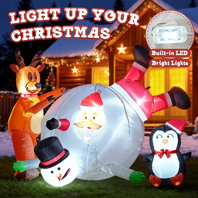 JOYHALO 6FT Christmas Inflatable Outdoor Decorations, Snowball Rolling Scene with Santa Claus, Penguin, Reindeer & Snowman, Build-in LED Lights, Blow Up for Indoor Yard Lawn Party Decor