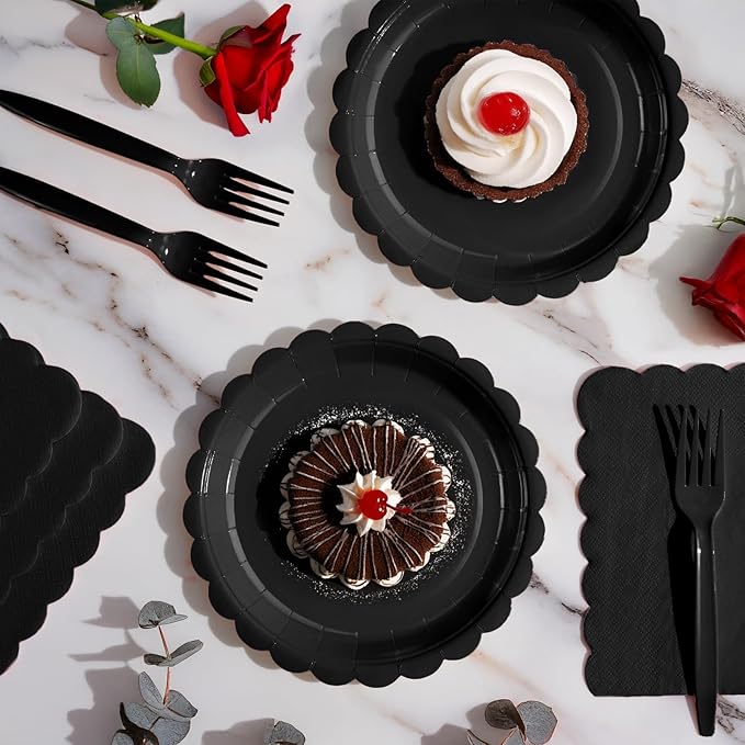 105PCS Paper Plates and Napkins Set,7 Inch Scalloped Disposable Tableware with Forks for Birthdays, Garden Parties & Outdoor Events,Serves 35 (Black)