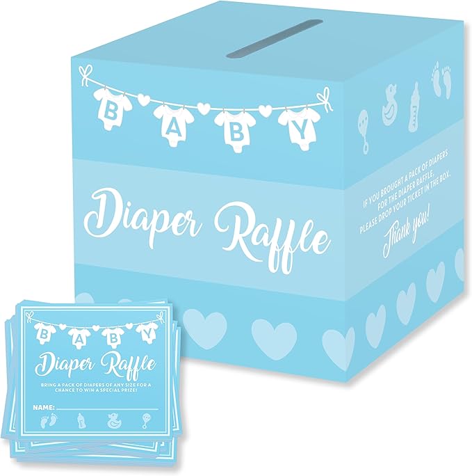 Party Hearty Baby Shower Games for Boy, 50 Blue Diaper Raffle Tickets, Diaper Raffle Ticket Cards Box, Baby Shower Decorations, Raffle Prizes, Ideas