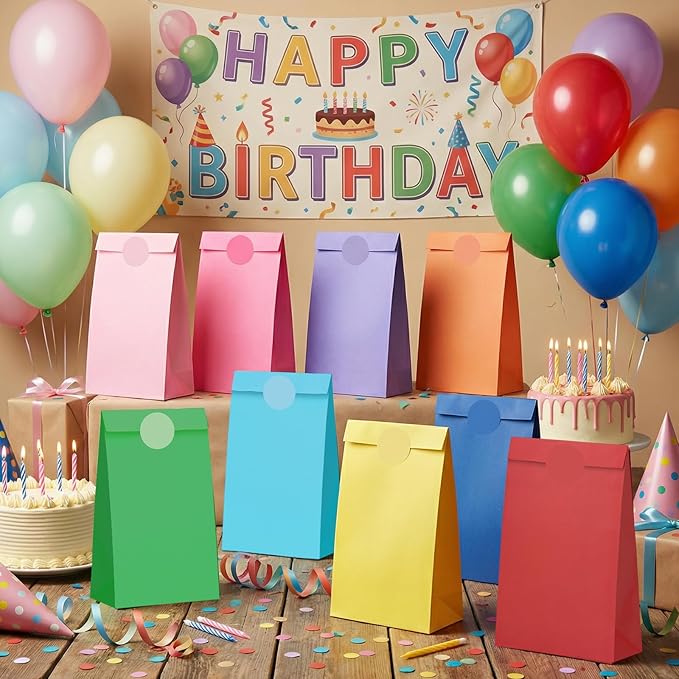 woric 36PCS Colorful Party Favor Bags with Stickers, 9 Colors Small Gift Bags Self Stand Rainbow Goodie Bag for Kids, Baby Shower, Wedding Birthday Party Favor Supplies